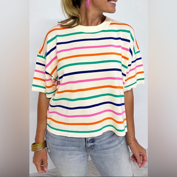 Layten- stripe dropped short sleeve boxy fit knitted top. - Picture 2 of 3